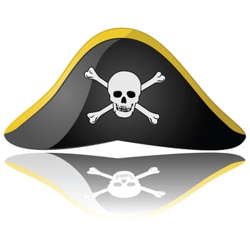 Glossy illustration of a pirate hat reflected on a white background