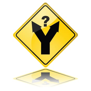 Concept illustration of a traffic sign showing a fork in the road, with a question mark meaning a decision has to be made