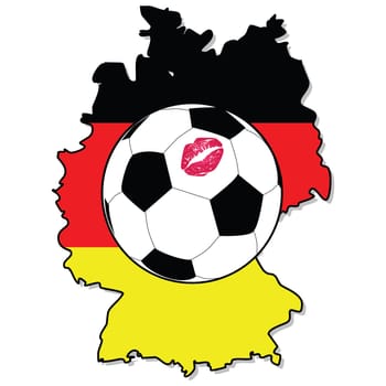Illustration of a soccer ball with a lipstick mark on it over a map of Germany with the country&#039 s flag