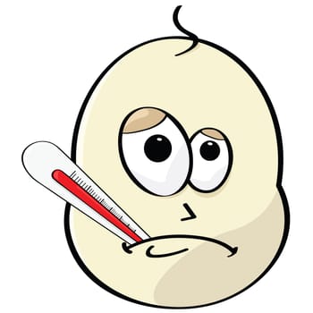 Cartoon illustration of a sick baby with a thermometer in his mouth