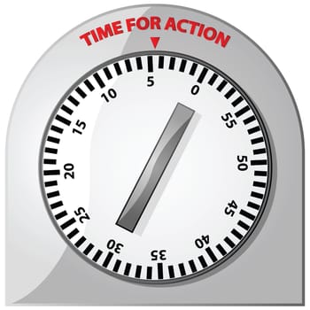 Glossy illustration of an analog timer with the words "Time for Action"" at the top"