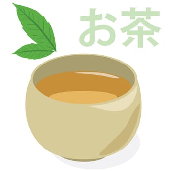 Illustration of a cup of green tea under tea leaves