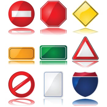 Set of glossy illustrations with different shapes of common traffic signs