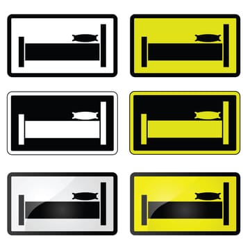 Set of illustrations showing a sign with a bed, for a hotel, hostel, room, etc