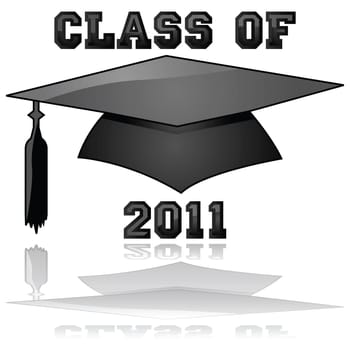 Glossy illustration of a hat and the words Class of 2011, reflected on a clear background