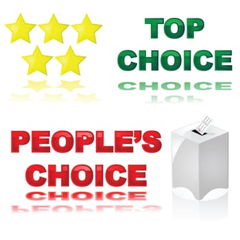 Glossy illustrations of two icons for best choice awards or products: "Top choice"" with stars, and ""People&#039 s Choice"" with ballot box"