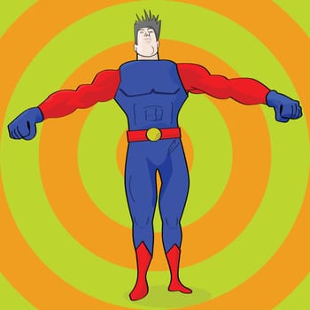 Cartoon illustration of a superhero showing his muscles
