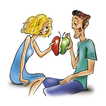 couple in love with two halves of apple