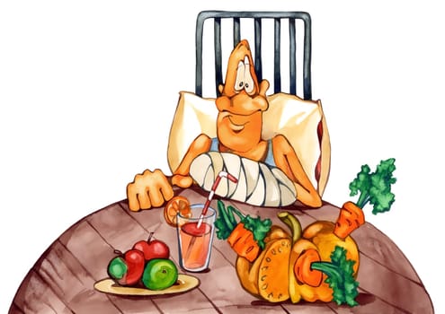 illustration of convalescent man with broken arm on healthy diet