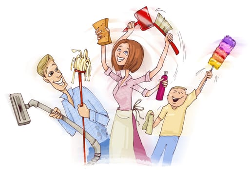 illustration of family doing spring cleaning