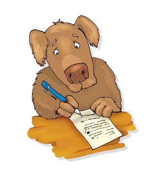 humorous illustration of dog writing a letter