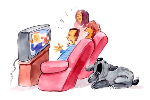 humorous illustration of family watching television and bored dog