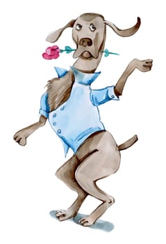 humorous illustration of dog dancing tango with rose