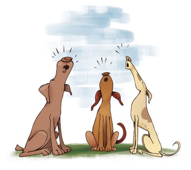 Humorous illustration of three howling dogs