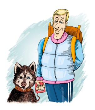 humorous Illustration of husky dog and his owner on trip