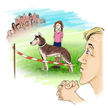 humorous Illustration of husky dog on exhibition contest