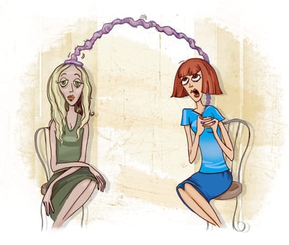 humorous illustration of woman and her mental vampire toxic friend
