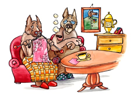 humorous illustration of old dogs couple at home