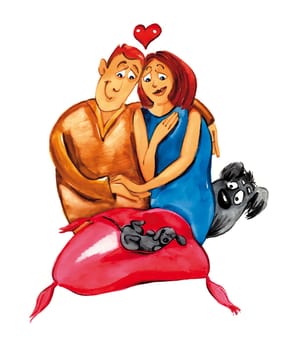 humorous illustration of couple with shaggy dog and cute little puppy
