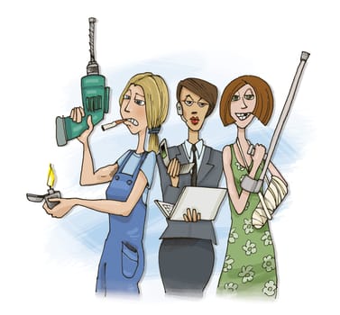 humorous illustration of three different women