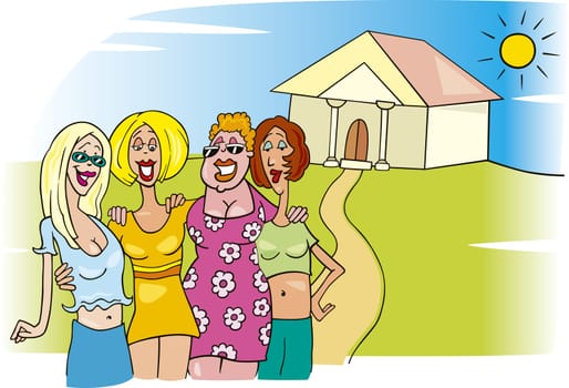 cartoon illustration of four women on meeting
