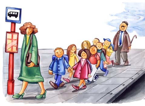 painting illustration of polite children on bus stop
