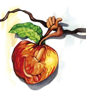 watercolor illustration of funny apple on the tree branch