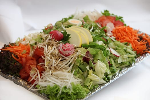 Lavishly filled vegetable platter with many different types of vegetables and text space