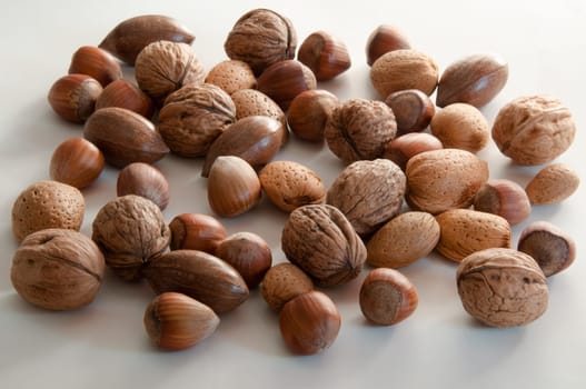 assortment of several kind of nuts on white background