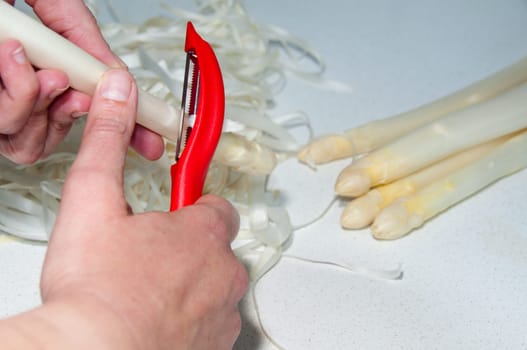 Hand with finepeeler on white asparagus in kitchen