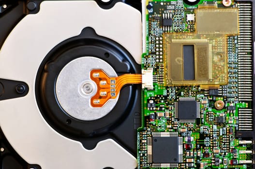 Closeup of hard disk drive internal electronics
