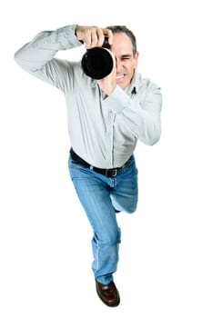 Portrait of male photographer with camera isolated on white background