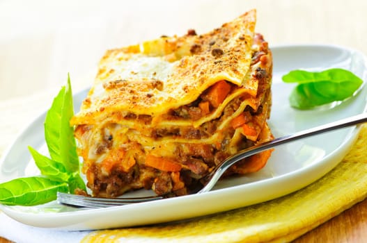 Serving of fresh baked lasagna on a plate