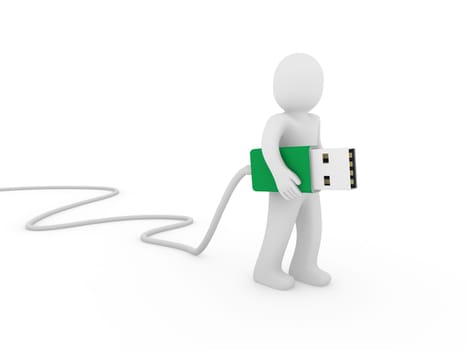 3d human man usb stick green plug cable