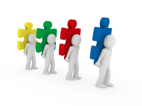 3d men puzzle teamwork red blue green yellow