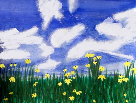 Yellow flowers in a field of green grass, bright blue sky with white clouds in Florida.