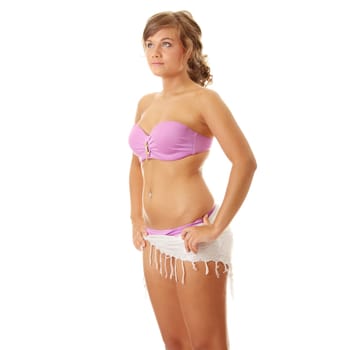 Summer girl in pink swimwear, isolated on white background