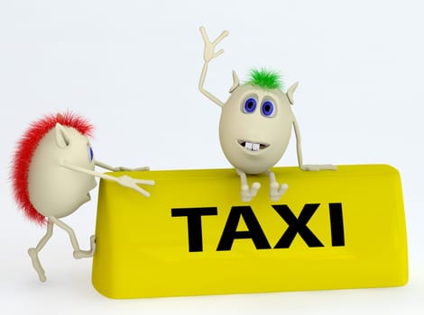 3d yellow model of the taxi symbol with puppets