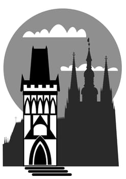 Illustration of the famous landmarks of Prague - Prague castle and Old Town Hall Tower
