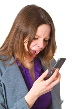 Angry woman with mobile phone - isolated on white background