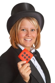 Young attractive woman with chapeau claque on white background
