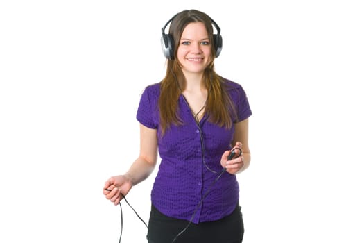 Attractive young woman with headphones isolated on white background