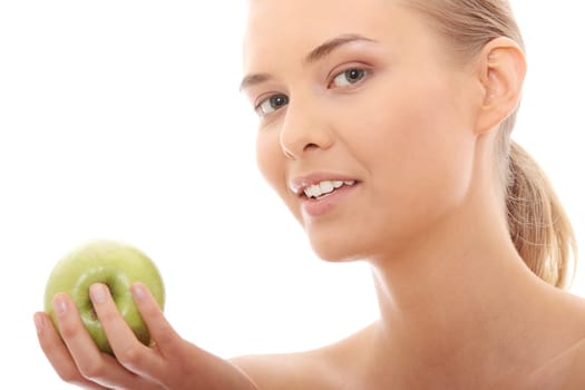 Beautiful girl eating green apple isolated on white background