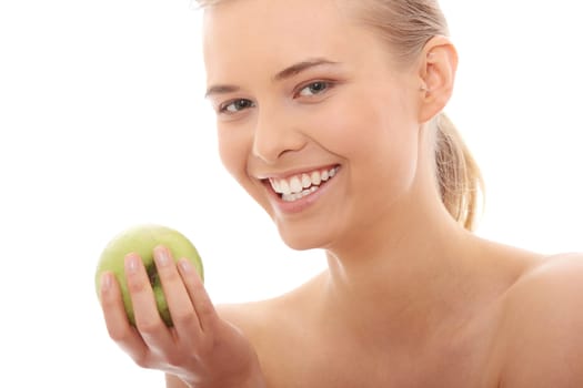 Beautiful girl eating green apple isolated on white background