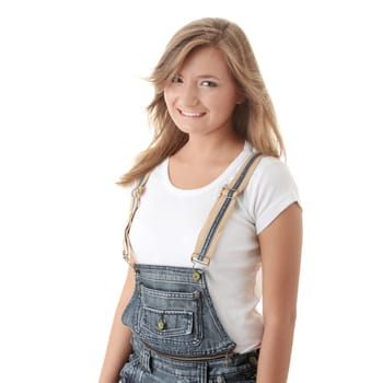 Young happy summer caucasian girl in shorts isolated on white background