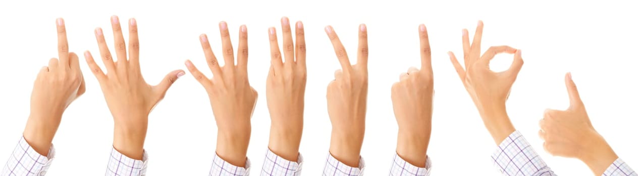 Set of gesturing hands isolated on white background