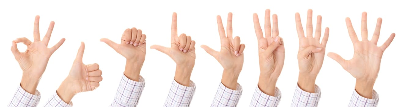 Set of gesturing hands isolated on white background