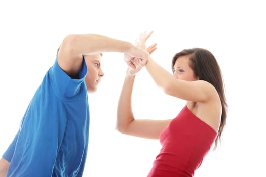 Man and woman conflict.Home violence concept.  Isolated on white