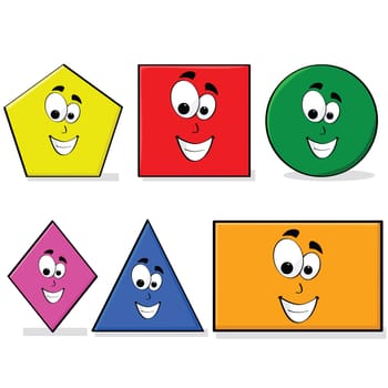 Illustration of shapes in different colors with a happy cartoon face, great for kids learning basic geometry