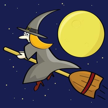 Cartoon illustration of a witch flying on her broom in front of a full moon